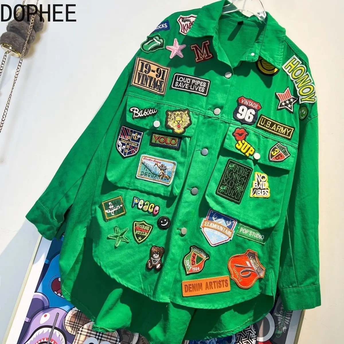 

American Street Spring Autumn Loose Denim Cardigans Top Personalized Letter Badge Embroidery Long Sleeve Shirt Casual Coats