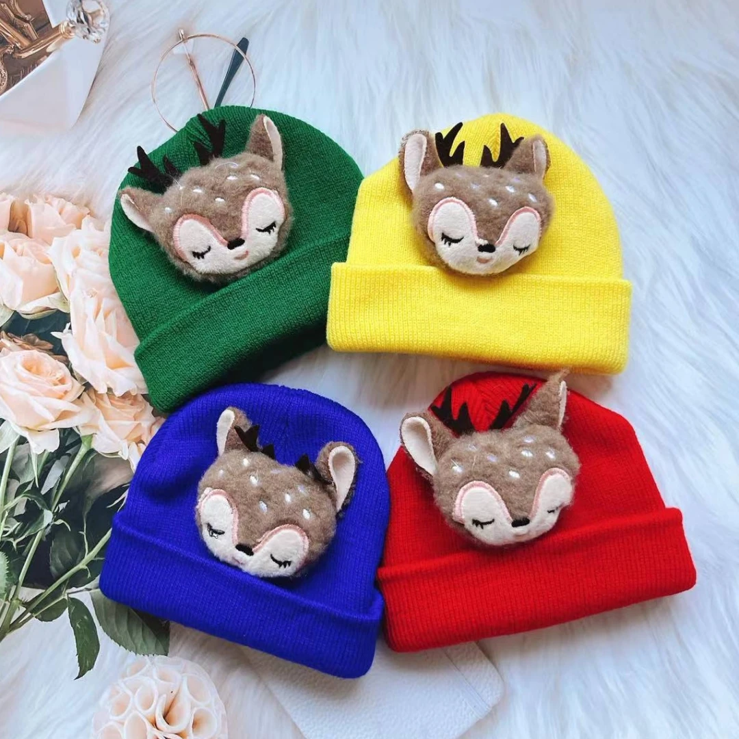 Korean Cute DeerBaby Hats For Kids Soft Knitted Cap Warm Beanie Autumn Winter Solid Color Children Toddler Crochet Hat