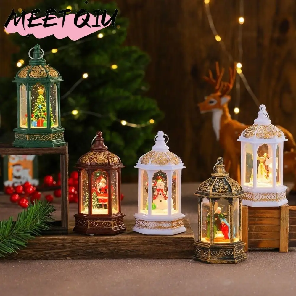 

Vintage Xmas Tree Christmas Wind Light Santa Claus Hexagonal Xmas Tree Shape Light Snow Globe Lamp Porch Decor