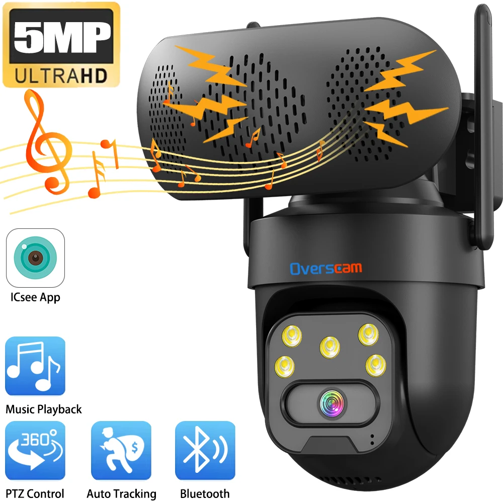 

5-мегапиксельная наружная Bluetooth-колонка с панорамированием/наклоном, Wi-Fi камера безопасности 360° ° Автоматическое отслеживание просмотра Аудио Облако и хранилище на SD-карте Запись 24/7