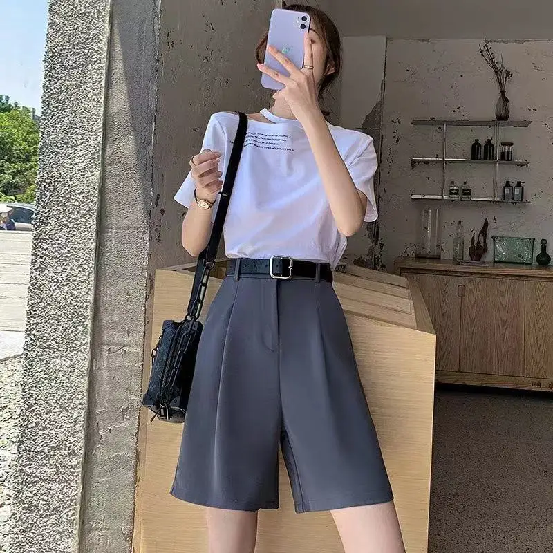 

Fashion High Street Drape Suit Shorts Women Casual Solid Color High Waist Zipper Shorts Office Lady Summer Loose Pants C73