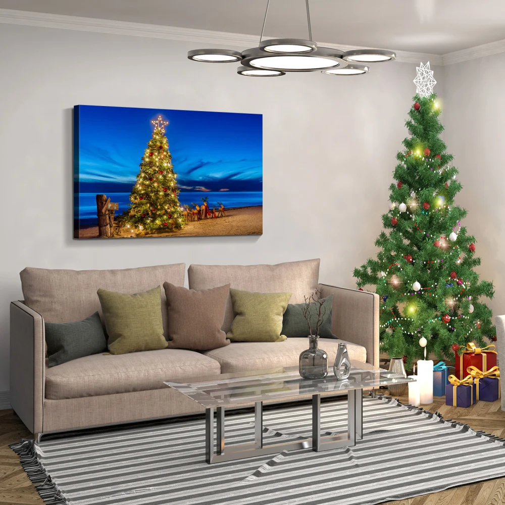 

Framed Canvas Wall Art Painting: Christmas Tree on Seaside for Christmas, Gift & Decor for Christmas Eve, Office, Living Room