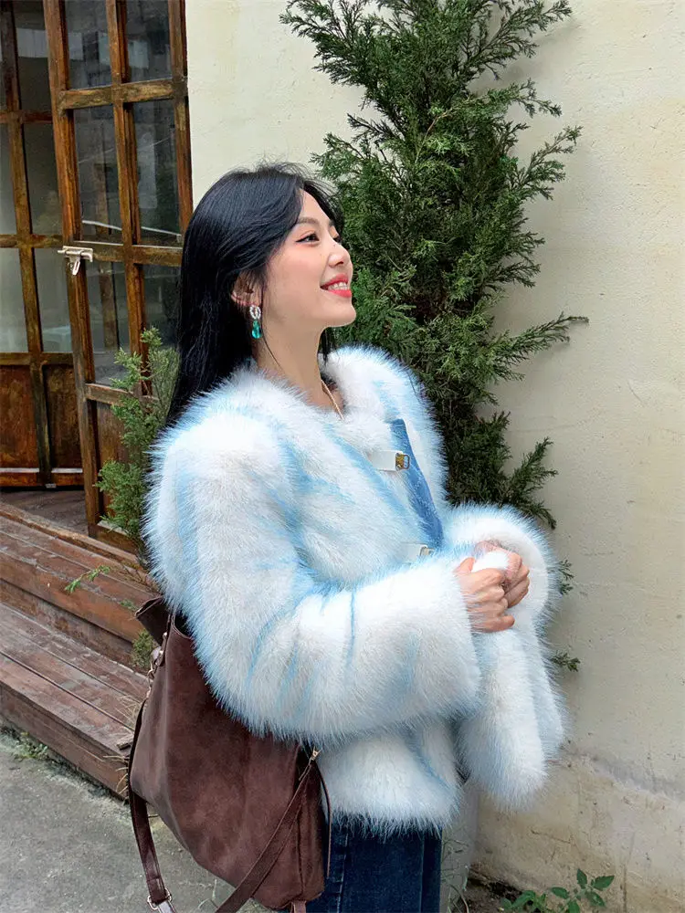 Fur Coat Denim Splicing High Quality Gradient Color Women'S Winter New Furry Warm Premium Coat Top 2023 Lady Coat