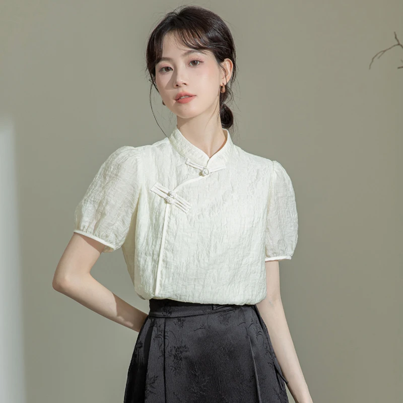 Women Summer Fashion Chinese Style Slim Frog Solid Color Short Sleeve Shirts Women Clothes Elegant All-match Appear Thin Tops