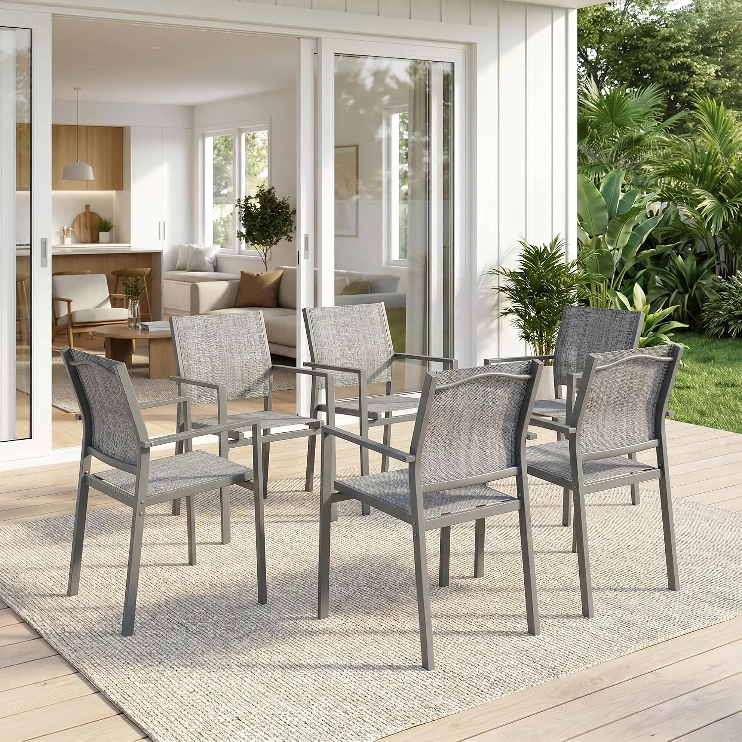 Patio Textilene Stackable Chair Set of 6, Outdoor Dining Chair,Grey