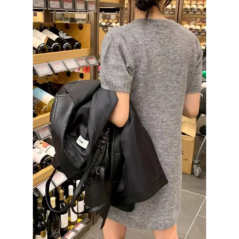 Vestido Casual de Malha com Decote Redondo e Manga Curta para Outono e Inverno, Moda Fena, Camada Base Confortável e ia