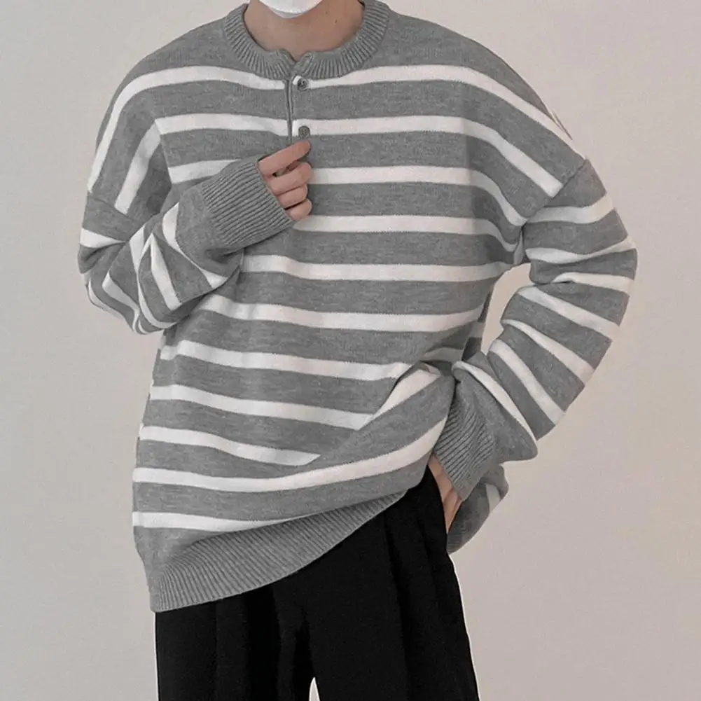 

Long Sleeve Men Sweater Men's Striped Print Sweater with Button Neckline Knitted Pullover Long Sleeve Warm Jumper for Streetwear