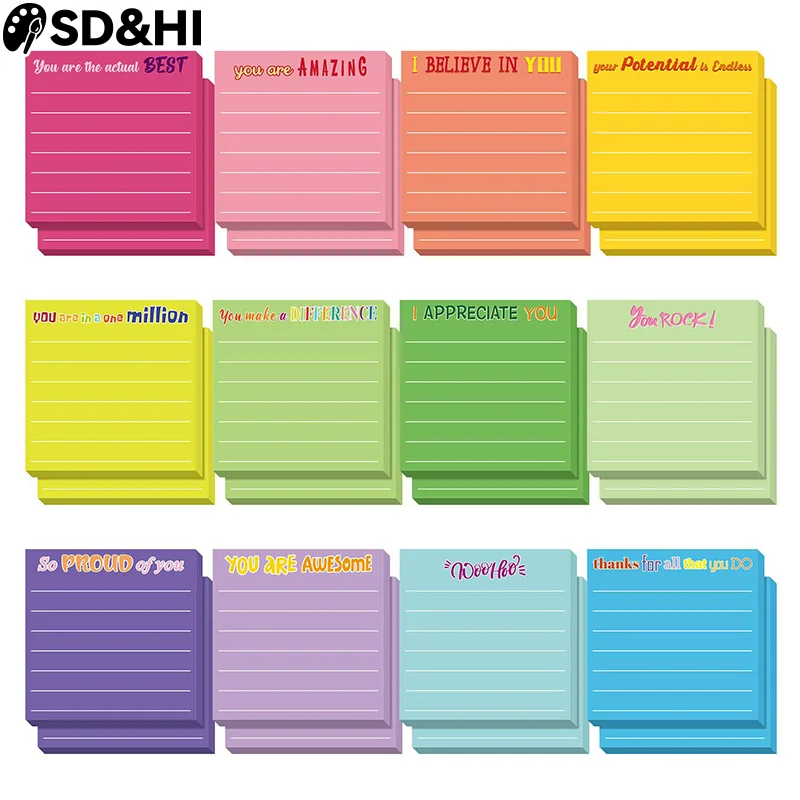 12Pcs Inspirational Sticky Notes With Lines Cute Motivational Sticky Note To-Do List Colorful Super Sticking Sticky Notes