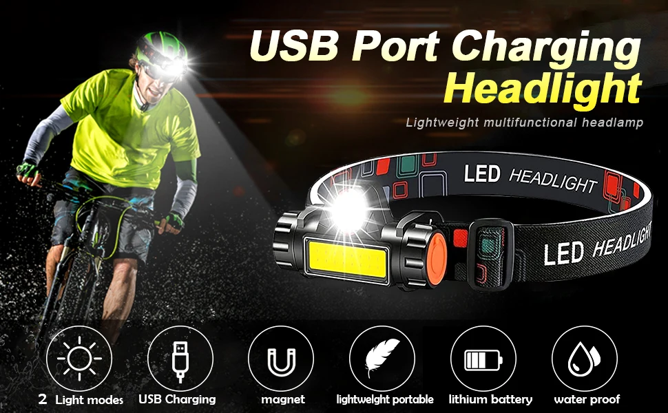 2pcs Waterproof Headlamp LED Super Bright Head Torch USB Rechargeable COB Headlight