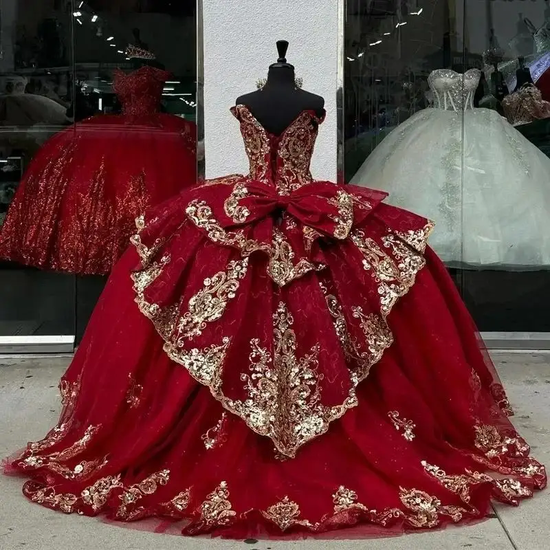 Customized Red Glittering Burgundy Quinceanera Dresses Gold Beading Lace Appliques Vestidos De 15 Anos Birthday Party