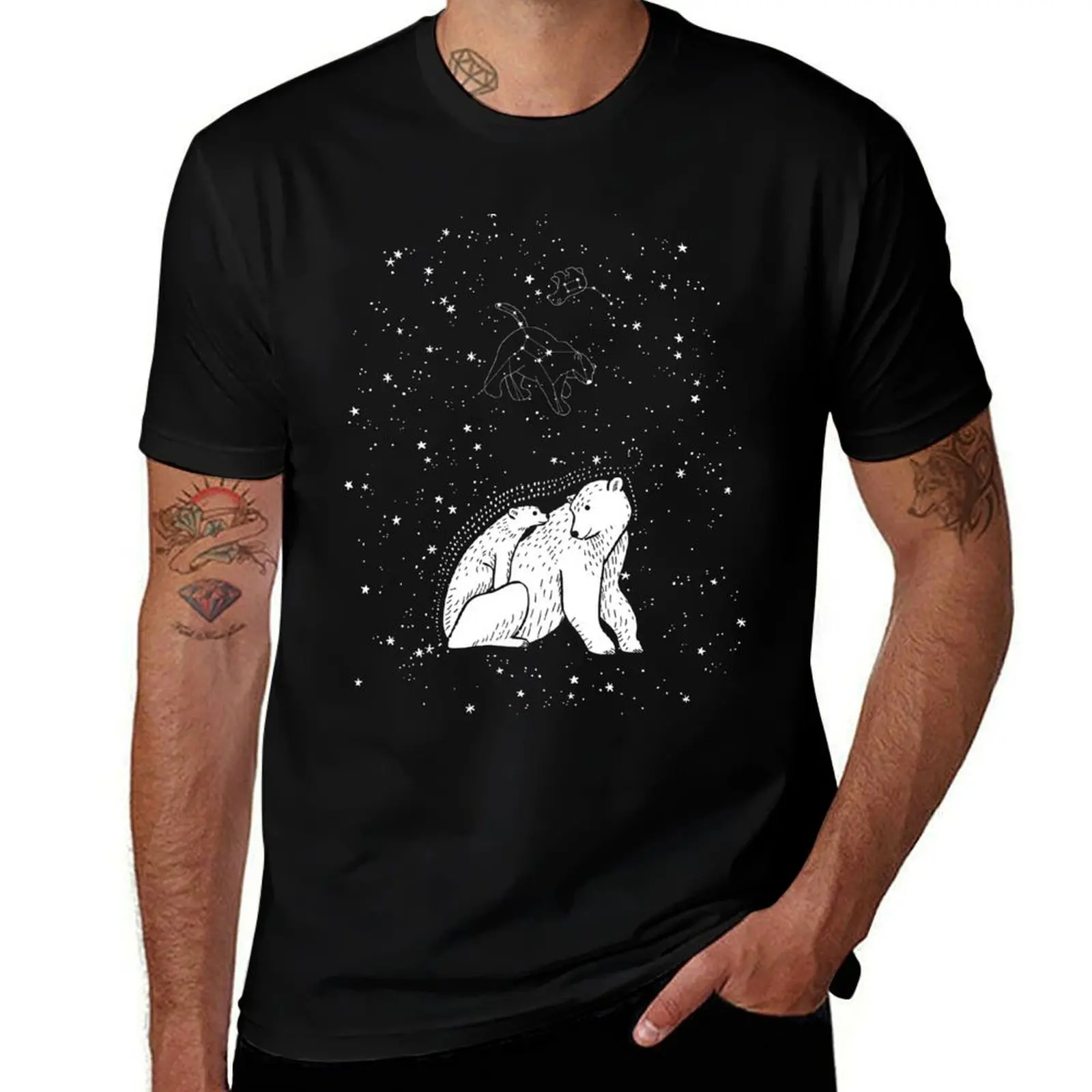 Polar Bear and Constellation Arctic Night Sky Stars T-Shirt Large Size Short Sleeve T-Shirt