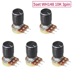 5 Set 10K WH148 Linear Potentiometer Resistor Kit 15mm Shaft with Black Aluminum Alloy Knob Cap 3Pin Resistance for Arduino