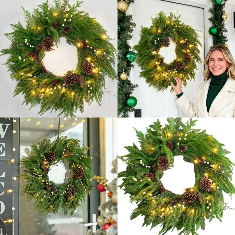 

24-дюймовый зеленый вечнозеленый венок с натуральными конусами и ягодами для наружного рождественского декора