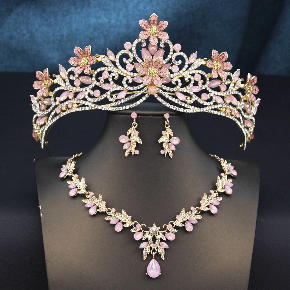10 Colors Flower Crown Princess Bridal Jewelry Sets Tiaras and necklace earrings for Women Wedding Prom Birthday Gifts