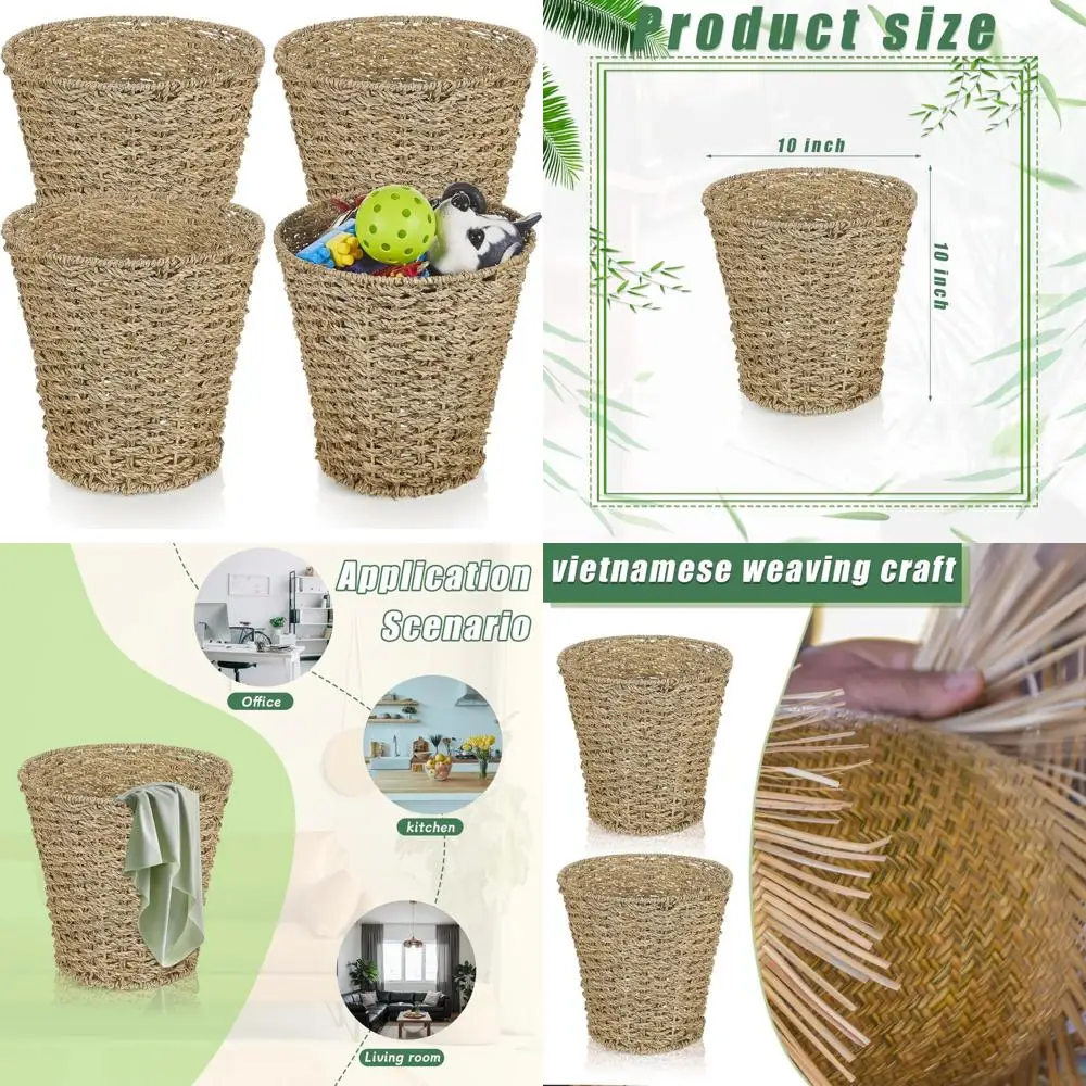 

3 Gallon Seagrass Wicker Waste Baskets - Boho Rattan Trash Cans for Bathroom and Bedroom