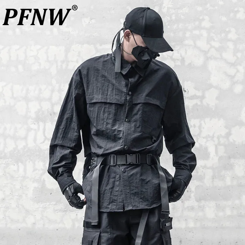 

Рубашка PFNW функциональная мужская из двух частей, нишевая сращенная черная сорочка с складной текстурой, повседневный Топ с длинным рукавом, темная одежда, 12C1309