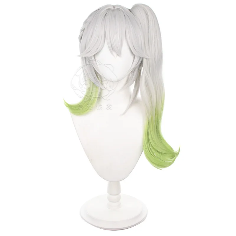 Nahida Cosplay Wig Genshin Impact Costume Accessories Woman Silver Gradient Green Detachable Ponytail Hair Halloween Stage Props