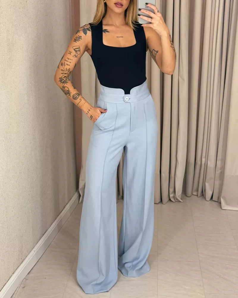 Women's Pants 2025 Spring New Solid Color High Waist Fashion Single Button Pocket Design Elegant Work Straight Leg Pants