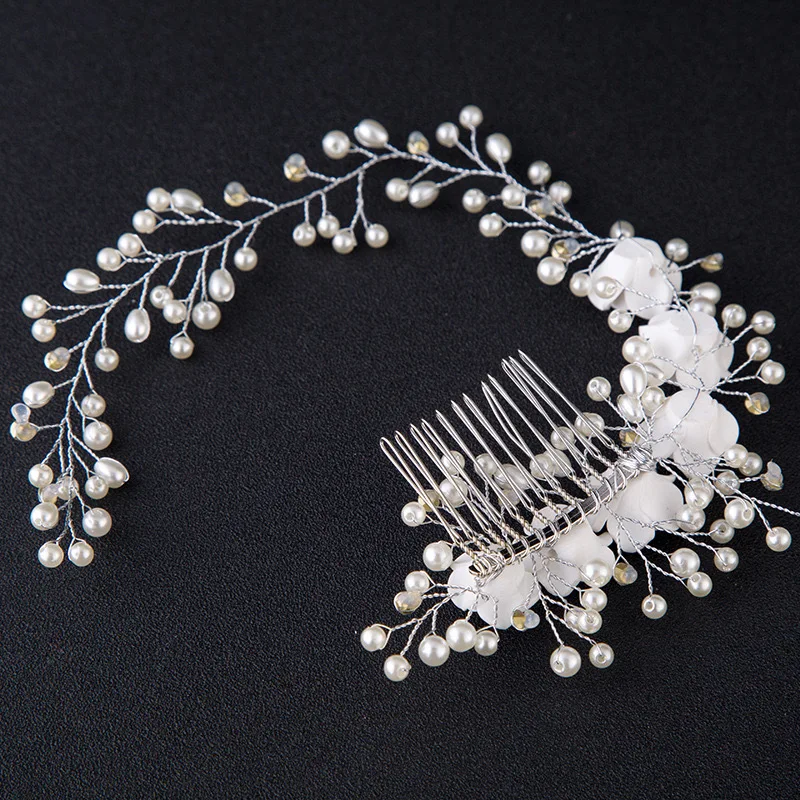 1Pc Flower Bride Wedding Hair Vine Pearl Bridal Hair Piece Leaf Hair Accessories Rhinestone Headband for Women and Girls