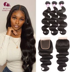 Beleza Forever-Body Wave Bundles com fecho, 100% cabelo humano virgem peruano, trama com fecho de renda, grau 12A