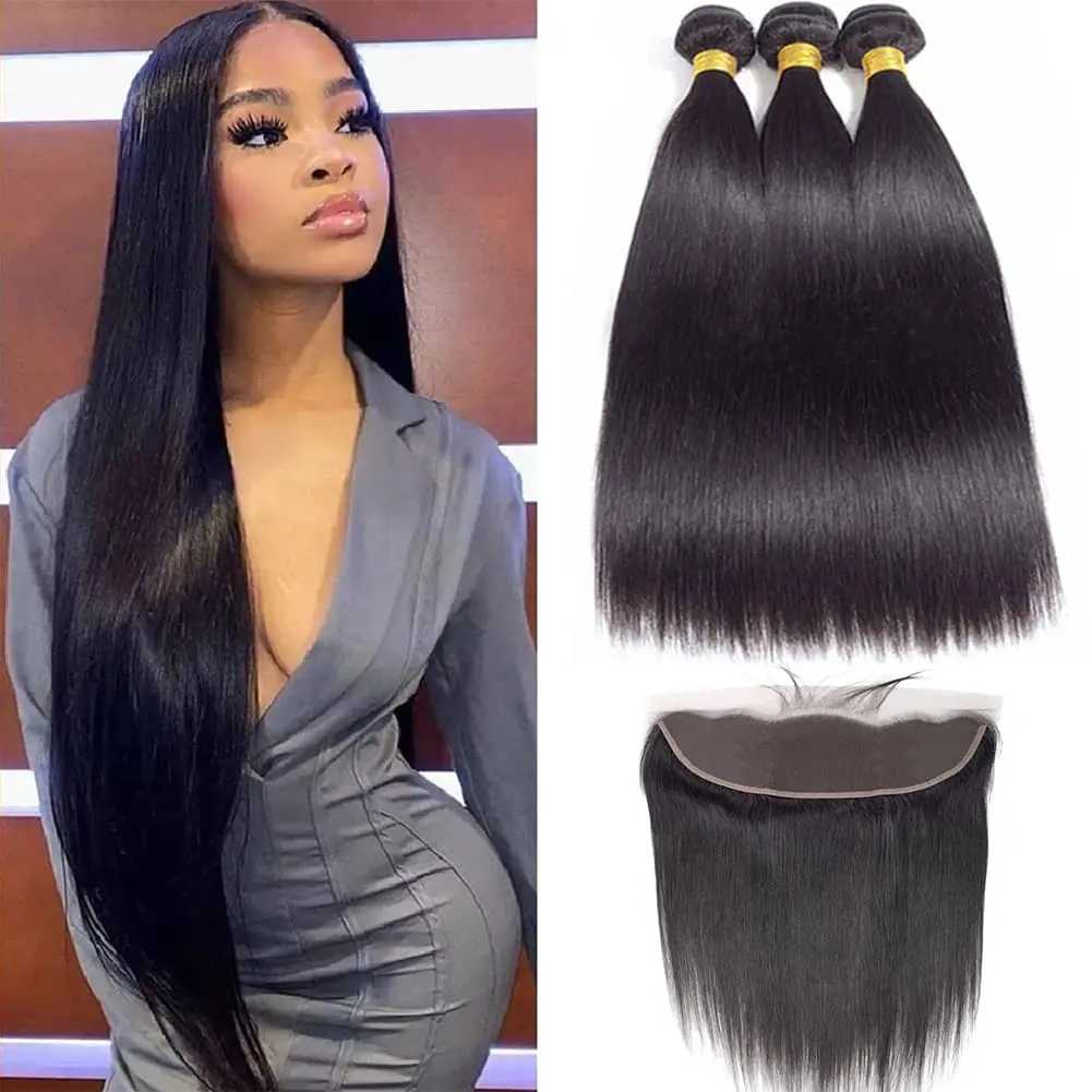 

Straight Bundles Human Hair with 13X4 Frontal 100% Unprocessed Brazilian Virgin Straight Human Hair Bundles with Frontal Closure