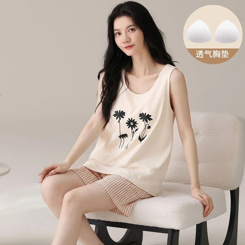 

2026 Summer Sexy Sleeveless Vest Shorts 100% Cotton Pajama Sets for Women Cute Sleepwear Pyjama Homewear Pijama Mujer Clothes
