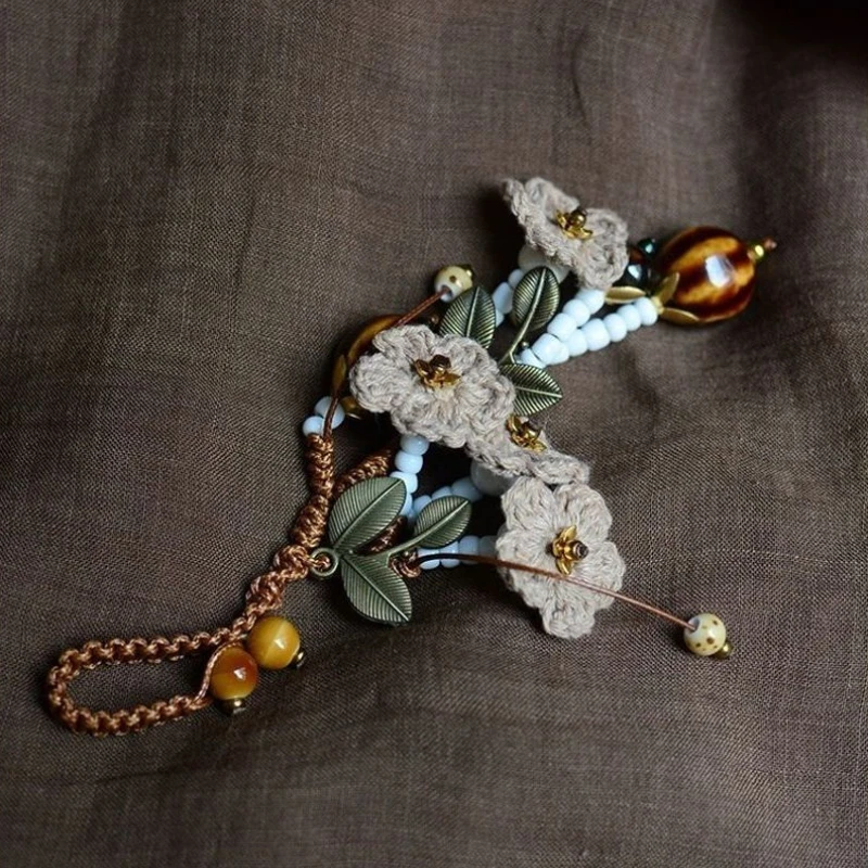 Flower Shaped Bag Charm Velvet Coffee Flower Car Keychain Boho Crochet Charm Handmade Vintage Bag Accessory Keyring