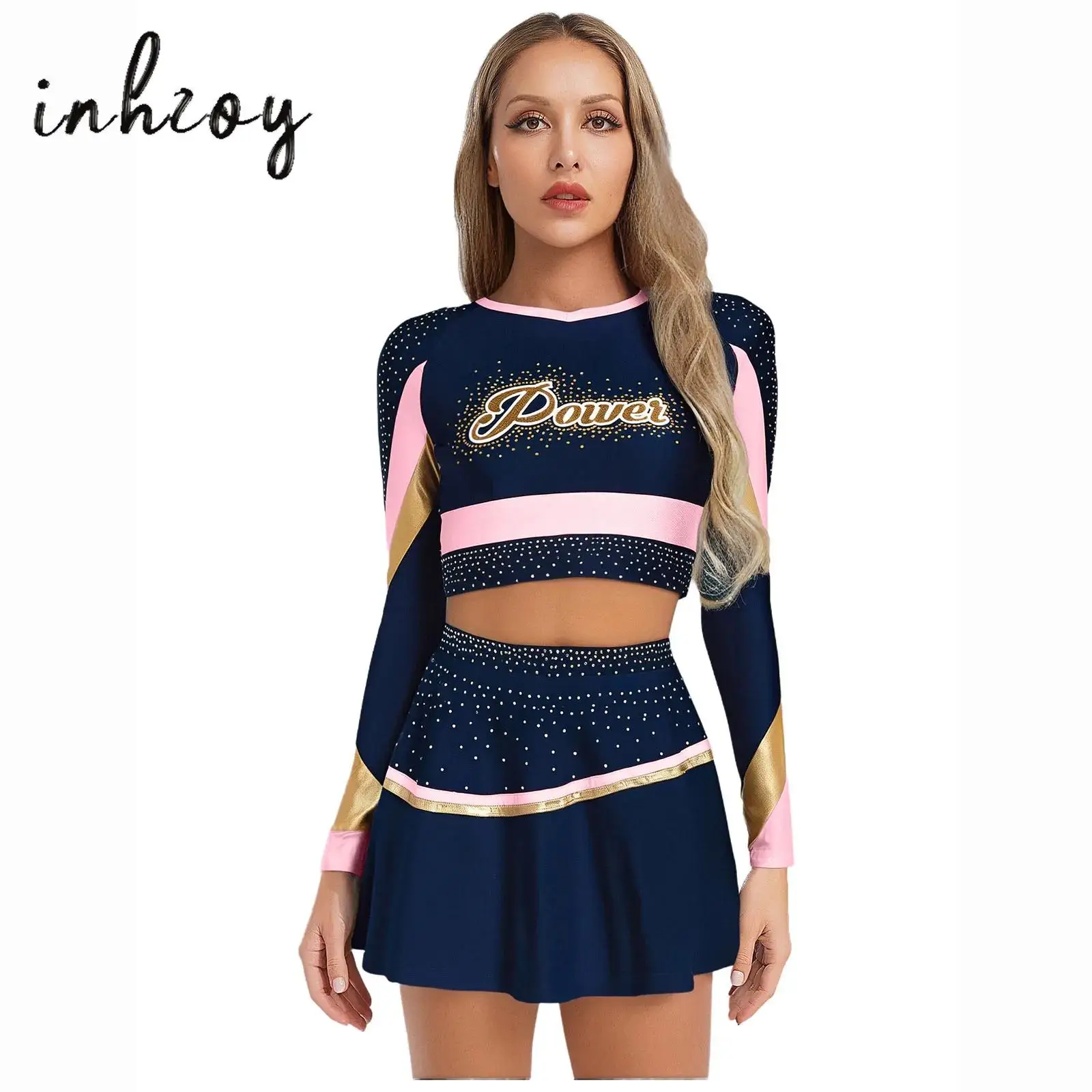 

Womens Girls Cheerleading Uniform Dancewear Long Sleeve Rhinestones Crop Top+Mini Skirt with Safety Shorts 2-piece Cheer Outfit