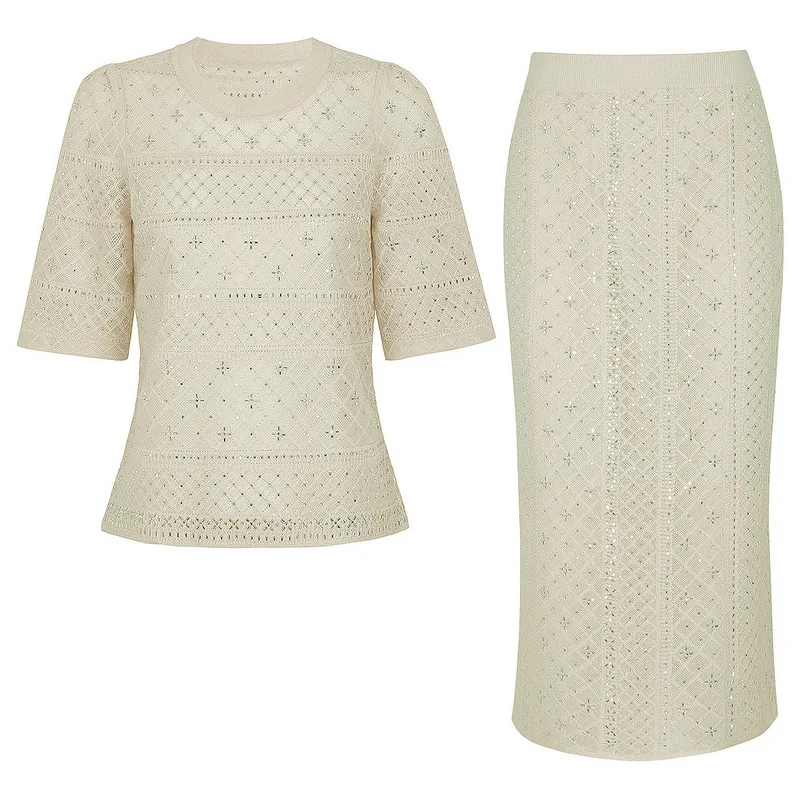 Luxury Rhinestone Embellished Women Knitted 2 Piece Outfit Hollow Geometric Pattern Short Sleeve Top High Waist Knit Midi Skirt