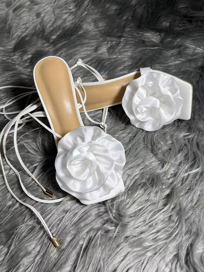 

White Solid Ankle Strap Winding Flower Rose Women Sandals Round Open Toe Thin High Heels Slip-on Sexy Lady Luxury Summer Shoes