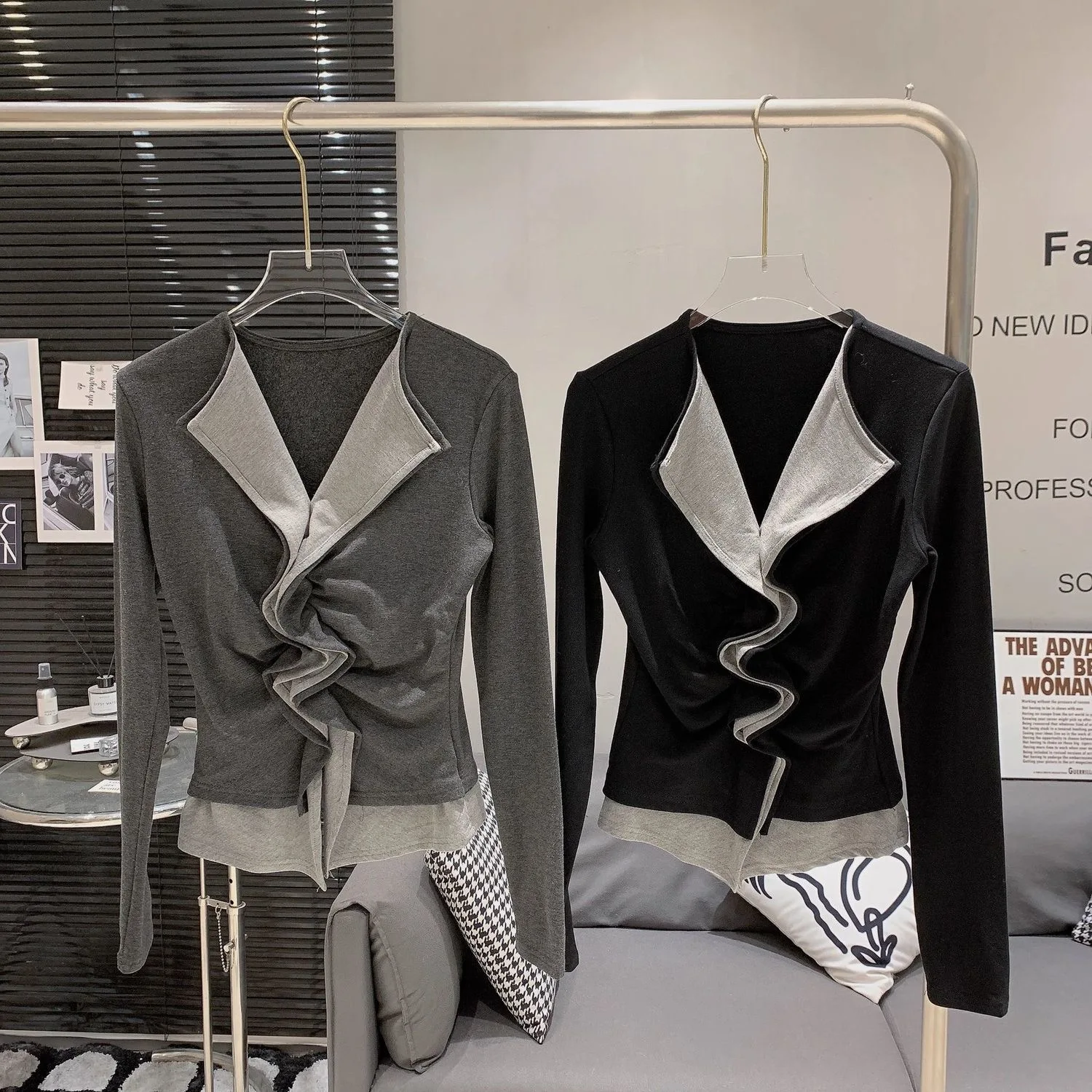 

Korean Sle Retro Color Blo Faux Two-Piece Women's Long Sve Fce Lined Slimming T-irt V-Ne Casual Comfortable Top