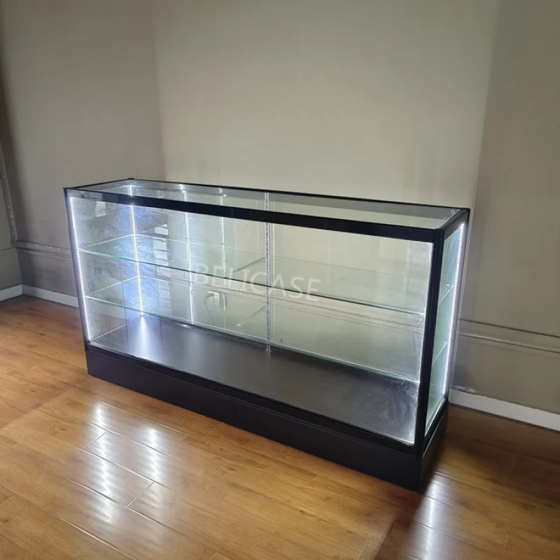 Custom 70inch smoke shop full glass display cabinets with LED light tall products display cases showcase