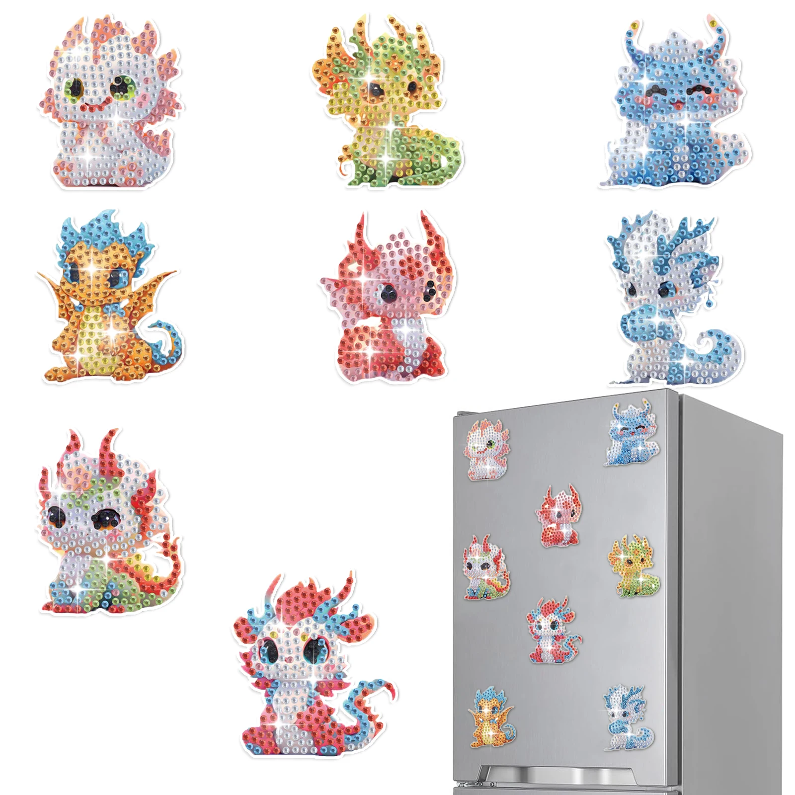 8pcs/Set Diamond Painting Dragon Magnetic Refrigerator Sticker 5D DIY Handmade Diamond Nouveau 2024 Decorative Painting Stickers