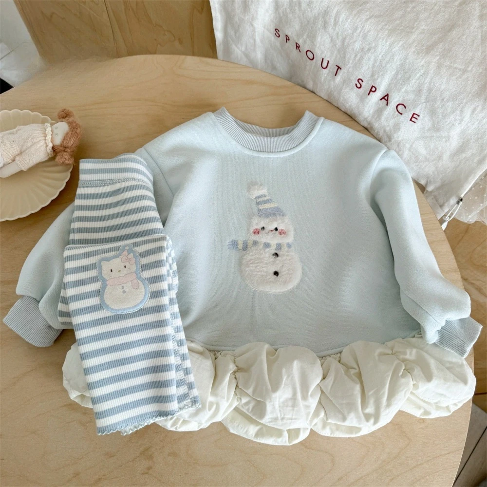 New Autumn Winter Girls Fleece Lined Two Piece Set, Cute Snowman Sweatshirt With Striped Leggings Kids Outfit