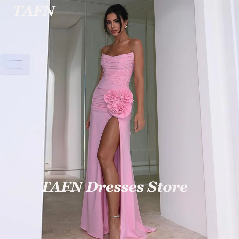 

TAFN Pink Formal Evening Party Dresses Strapless Pleat Flowers Side High Slit Long Prom Gown Sexy vestidos de fiesta