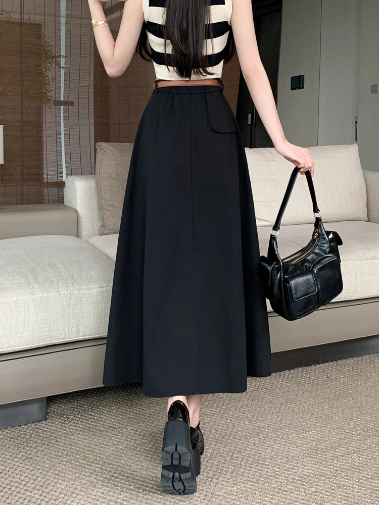 

Khaki Color Pleated A-Line Midi Skirt Women's Summer 2025 New High Waist Slimming Drapey Sle Korean Version Polyester Fiber