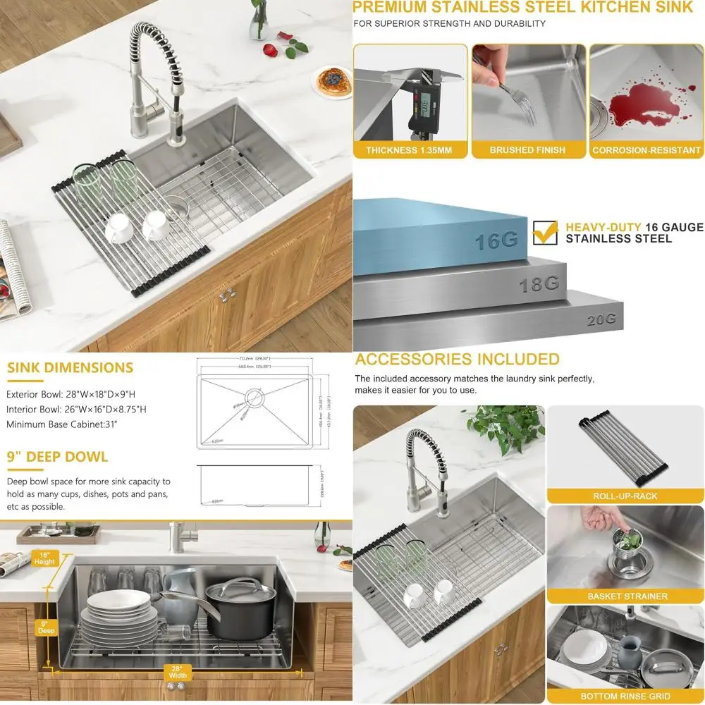 

28 Undermount Single Bowl Stainless Steel Kitchen Sink with Drying Rack, 28x19x9 T304, Quick Drain