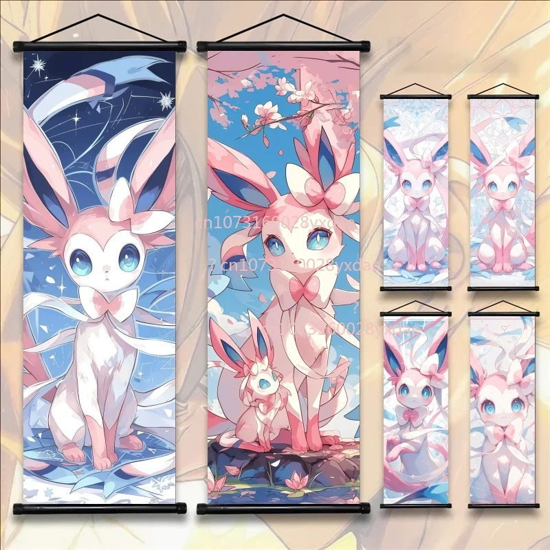 Japanese Anime Scroll Painting Pokemon Sylveon Poster Cartoon Character Picture Bright and Clear Colors High Quality Home Decor