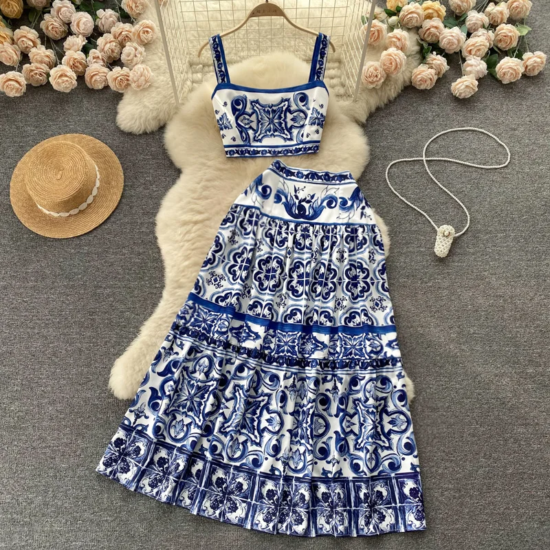 Women Print Pleated Two Pieces Sets Sleeveless Off Shoulder Top Elegant High Waitst A-line Dress French Fashion Autumn Sets