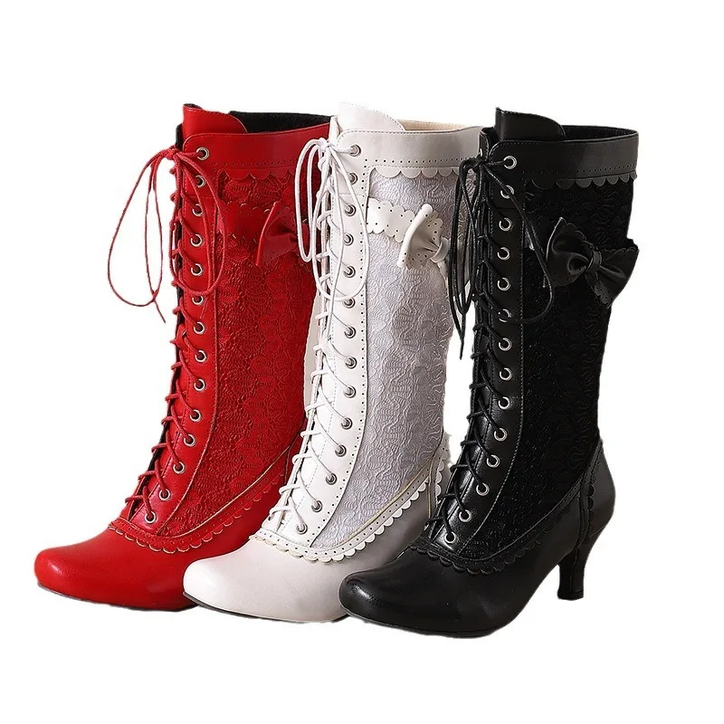 Women's Lace Up Wedding Victorian Inspired Mid-Calf Boots Comfortable Wide Feet Booties Halloween Cosplay Costume Party Shoes