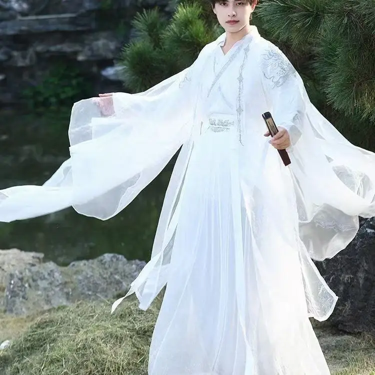 클래식 화이트 드래곤 자수 한푸 남녀 전통 큰 소매 셔츠 무대 의상 할로윈 요정 무술 코스프레 의상