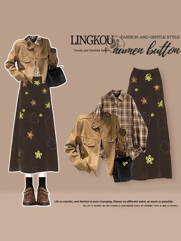 

Fashionable Large Size Autumn Set Women's Vintage Workwear Jacket Shirt Elegant Ageless Skirt Three Piece Set