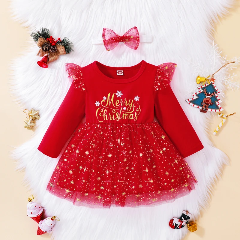 Baby Girls Dress Red Deer Sequins Long Sleeve O-neck Letter Ruffle High Waist Fall Christmas Dress+ Headband  Tutu Party Dresses