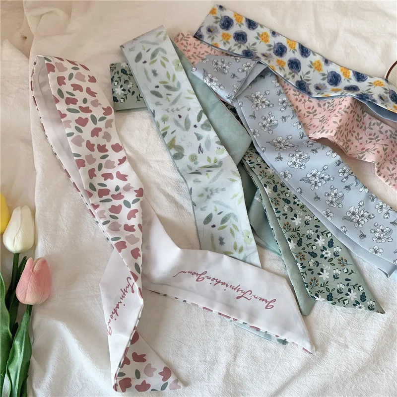 

Korean Style Long Ribbon Scarf Spring Summer Floral Satin Hair Scarf Elegant Wrist Scarf Cute Versatile Bandana Hair Accessories