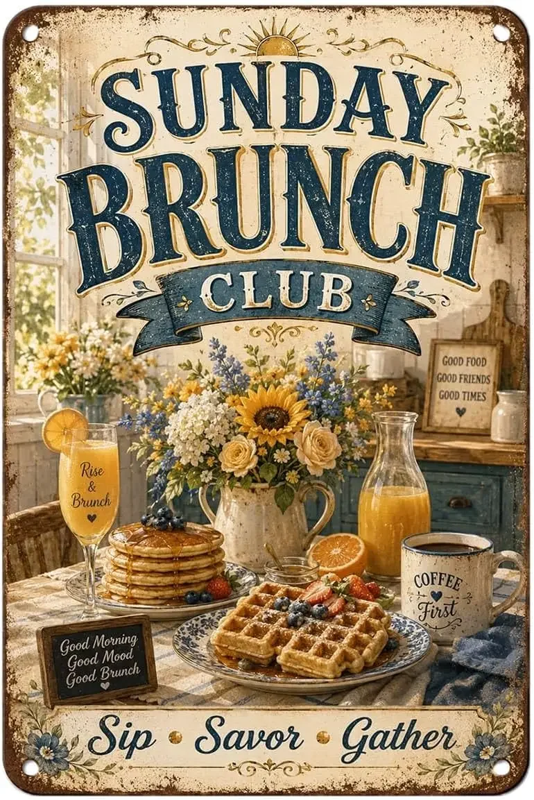 Sunday Brunch Club tin Sign, Vintage Breakfast Coffee Pancakes Waffles Floral Kitchen Wall Metal Signs Aesthetic for Home Bed