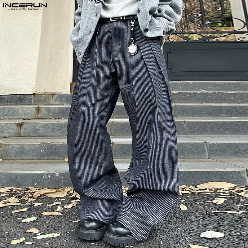 

INCERUN Men Striped Pants Joggers Button Oversize Pleated Casual Wide Leg Trousers Men Streetwear Fashion Leisure Male Pants