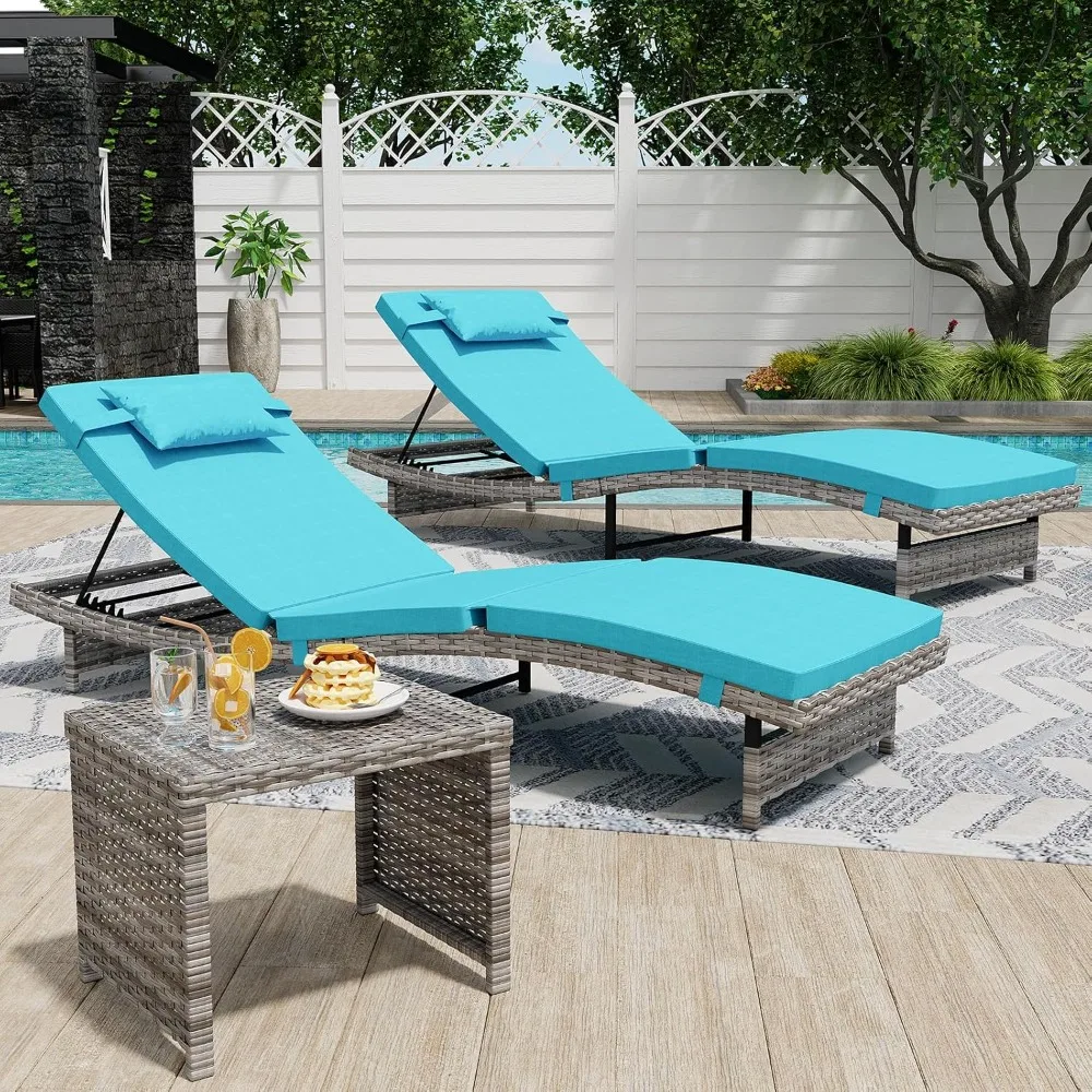 

Long Reclining Chair Lounge Set (Set of 3), Modern Outdoor Patio Furniture with Adjustable Backrest & Side Table, Durable PE Wic