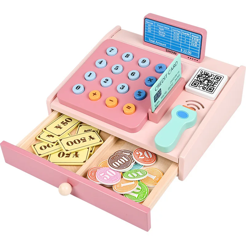 Wooden  Playing House Cash Register Toys For Kids Supermarket Card Swiping Cash Register Baby Gift Simulated Cash Register Tool