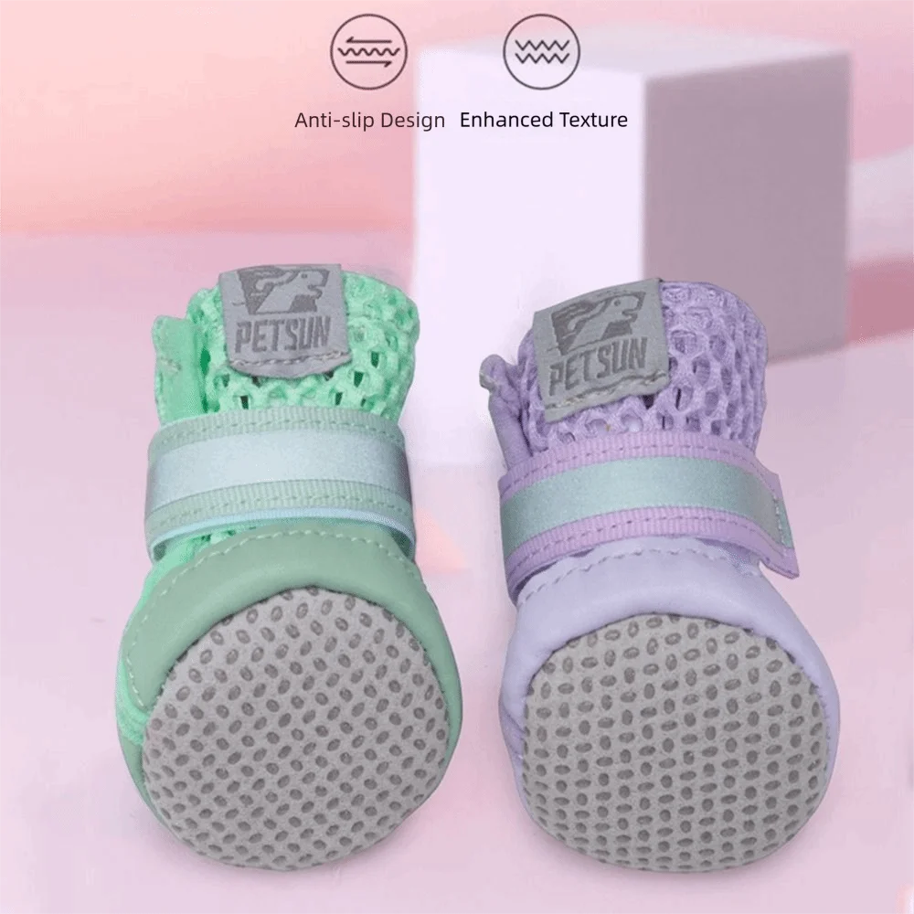 

4Pcs Lightweight Breathable Mesh Dog Shoes Soft Sole Reflective Pet Dog Sandals Adjustable Comfortable Net Foot Covers Summer