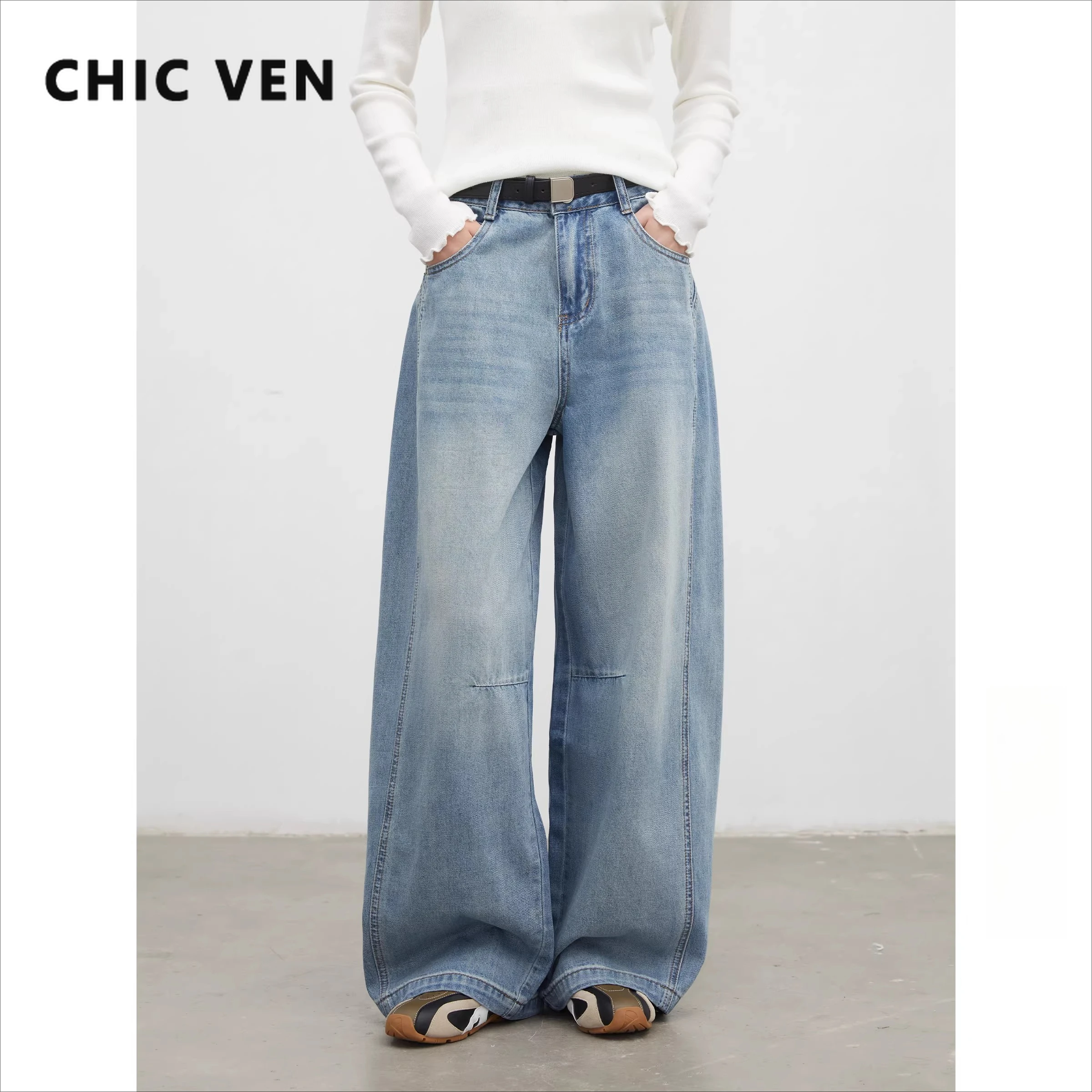 

CHIC VEN New Women Jeans Blue Solid Loose Casual High Waist Ladies Trousers Wide Leg Denim Pants Spring Autumn 2026 Clothing